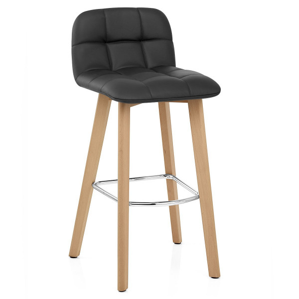 Tabouret de Bar Bois Cuir Veritable - Hex Noir Tabouret de Bar Bois Cuir Veritable - Hex Noir