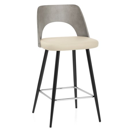 Tabouret Bois Gris et Faux Cuir - Leo